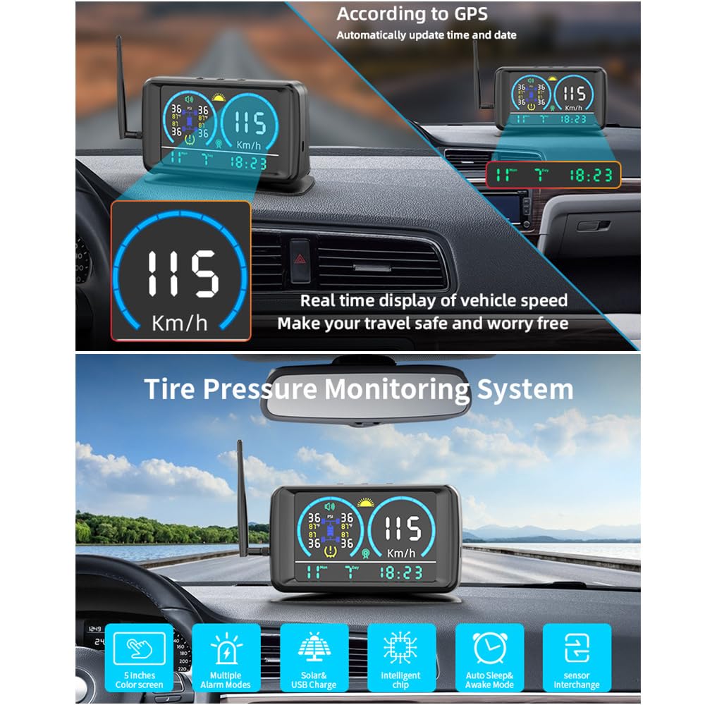 Sistema di monitoraggio della pressione dei pneumatici Carica solare e carica USB 5 '' Solar RV TPMS con 4 sensori e 4 modalità di allarme con display LCD a colori 0-13Bar/0-188PSI per camion pesanti