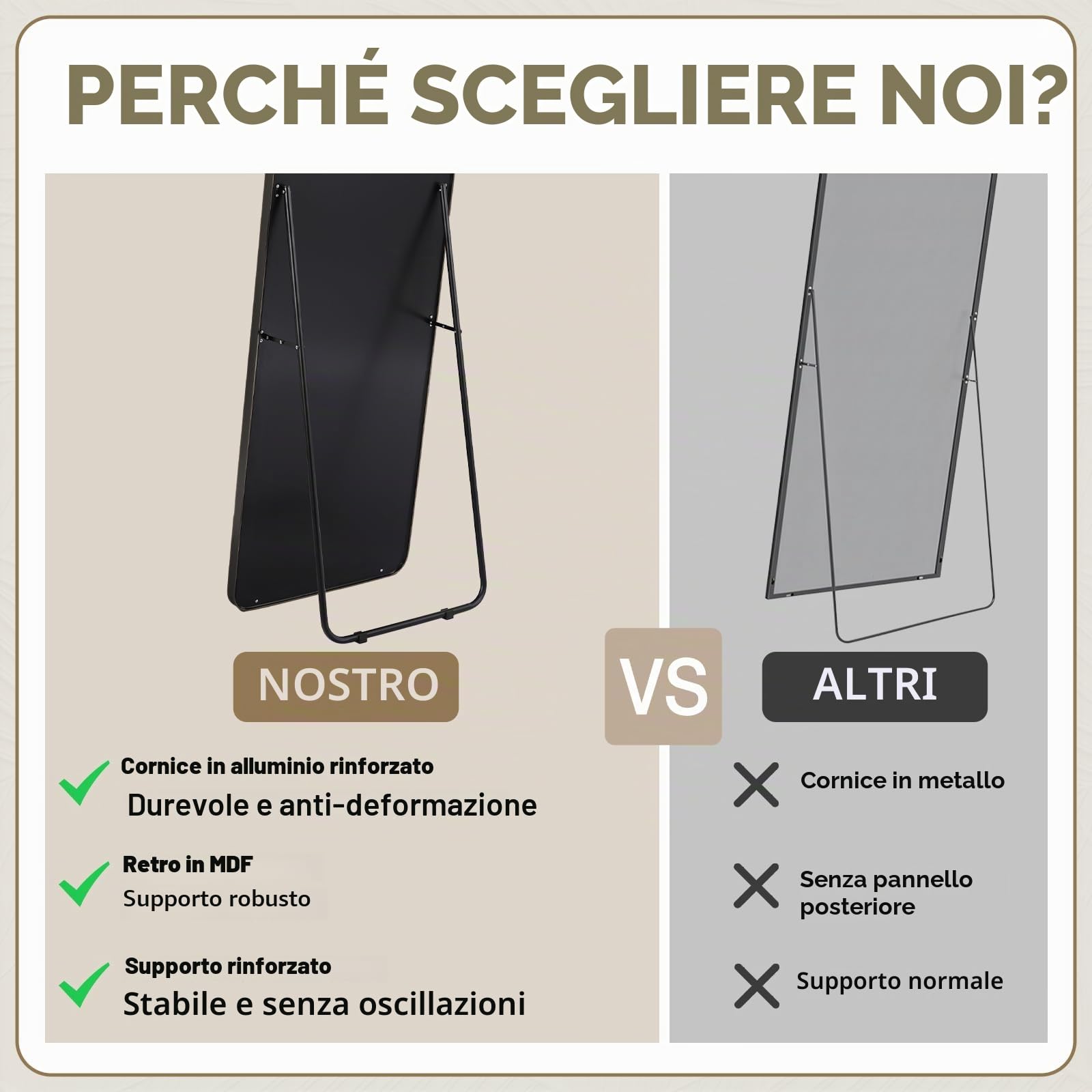 Clevich Specchio da Terra, 162x50 cm, Grande Specchio da Parete con Cornice in Alluminio Rinforzata, da Parete o Terra per Camera da Letto, Soggiorno, Nero