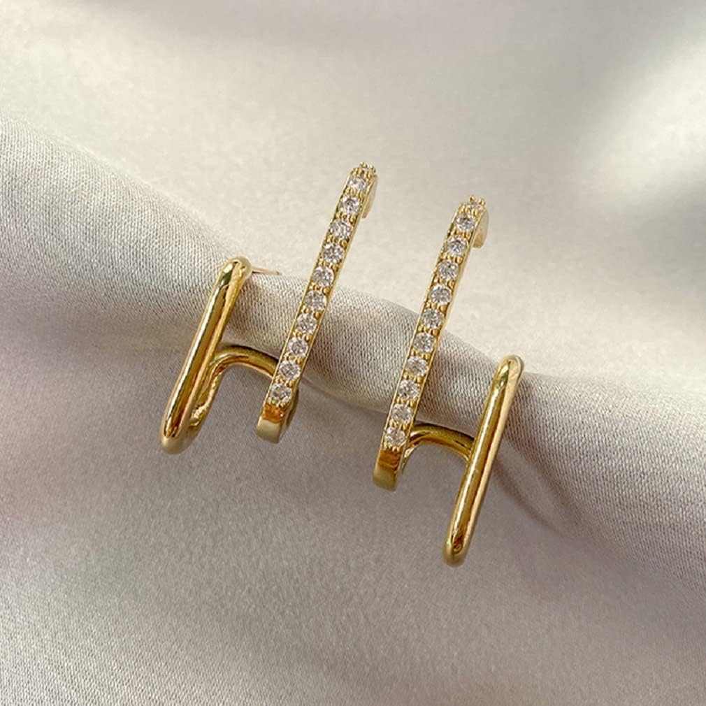 Women's 14K Gold Plated Double Twist Hoop Earrings Double Row Simulated Diamonds Illusion Ear Stud Split Huggie Earrings That Look Like Multiple Piercings Stud Earrings - Image 2