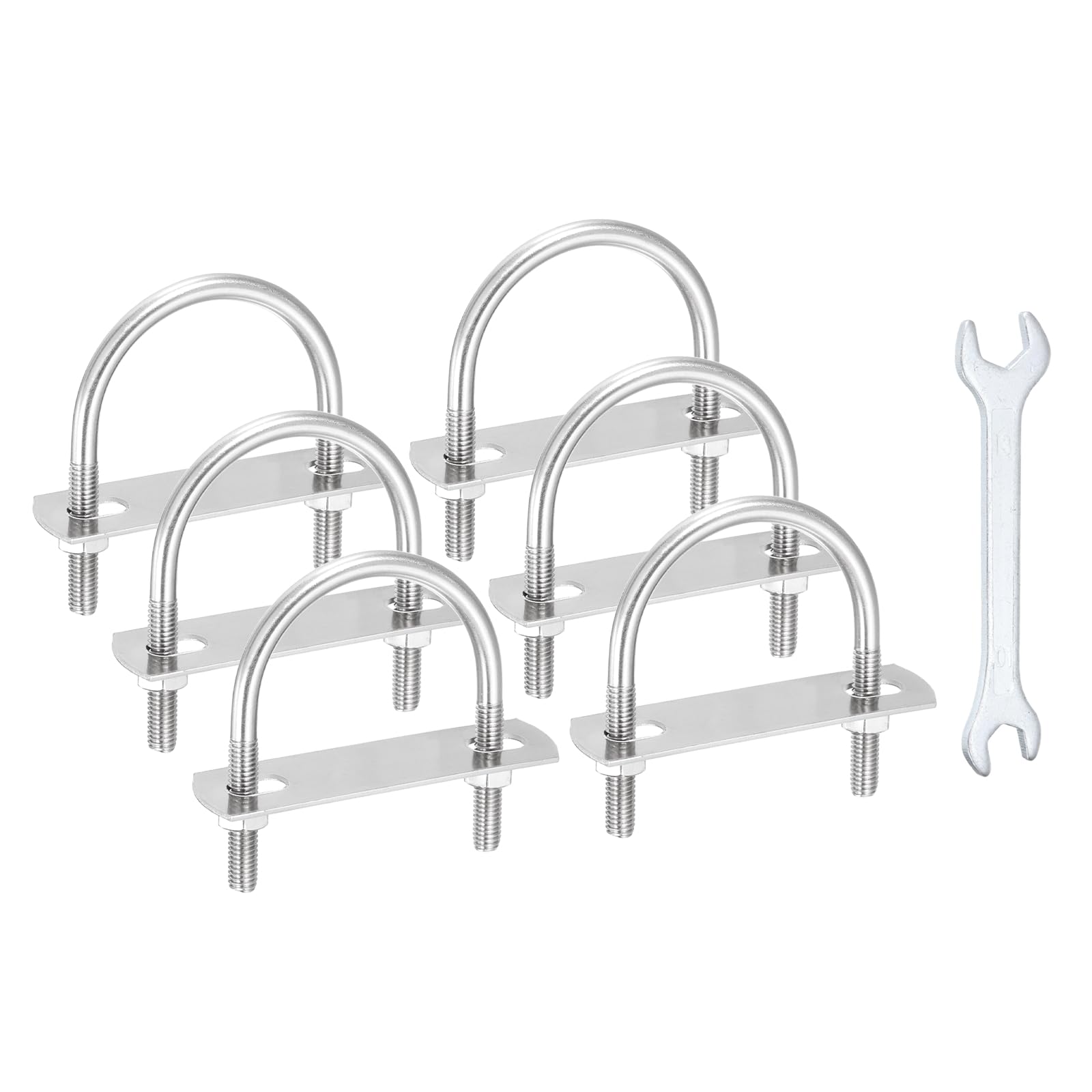 sourcing map 6Pcs M6 U-Bolts, 1.89"(48mm) Inner Width 2.56"(65mm) Length 304 Stainless Steel Round Bend U Bolts with Nuts Frame Plate Washers and Wrench for Trailers Boats Axle Sailboat — image 1