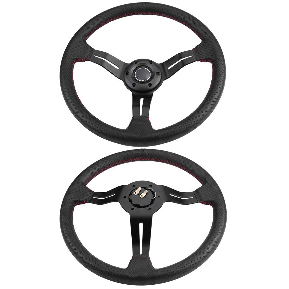 Volant Drift Volante Automotriz 350Mm/14In Marco De Aluminio Universal De Coche De Cuero Perforado Negro Con Cuerno (Rojo)