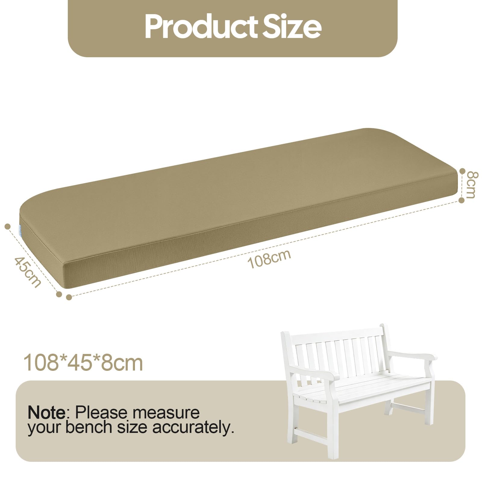 Cuscino per panca da giardino, 108 x 45 cm, spessore 8 cm, impermeabile, con rivestimento rimovibile e base antiscivolo, per mobili a 2 posti, Gary