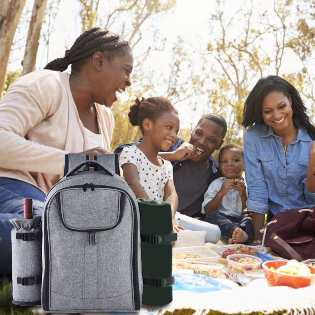 delr Kit da picnic, borsa da picnic con borsa termica isolata a prova di perdite, portatile per picnic in spiaggia, coperta in pile impermeabile, porta bottiglie e vino rimovibile, scomparto