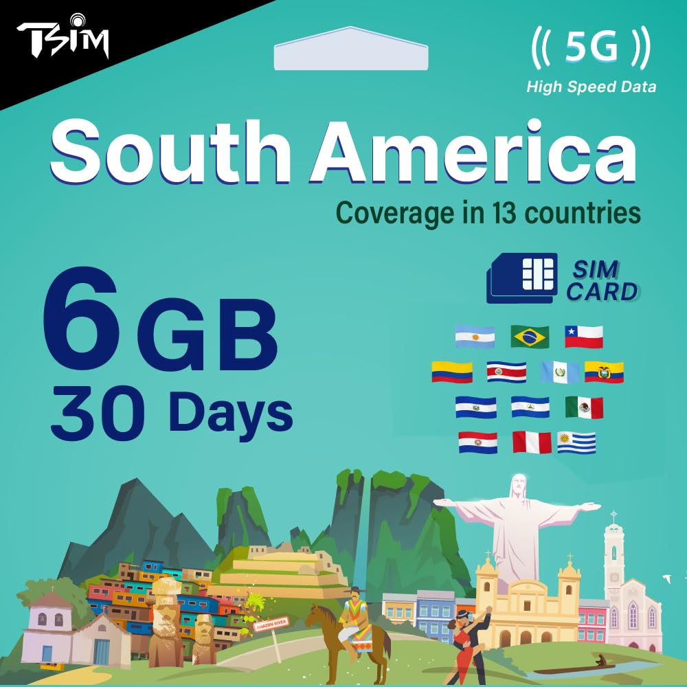 Scheda SIM TSIM Sud America 30 giorni – 6 GB | Rete multi-operatore 5G/4G (hotspot consentito) | Utilizzabile in Brasile, Cile, Colombia, Argentina, Ecuador e altri Paesi | Attivazione automatica.
