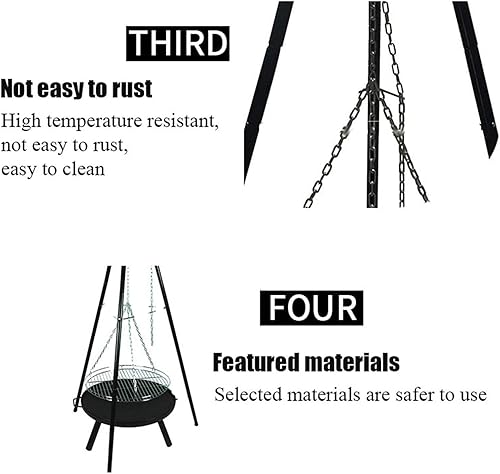 Miniatura 4 de Fogata de campamento portátil, trípode colgante de altura ajustable al aire libre con red de barbacoa de acero inoxidable y parrillas de carbón,