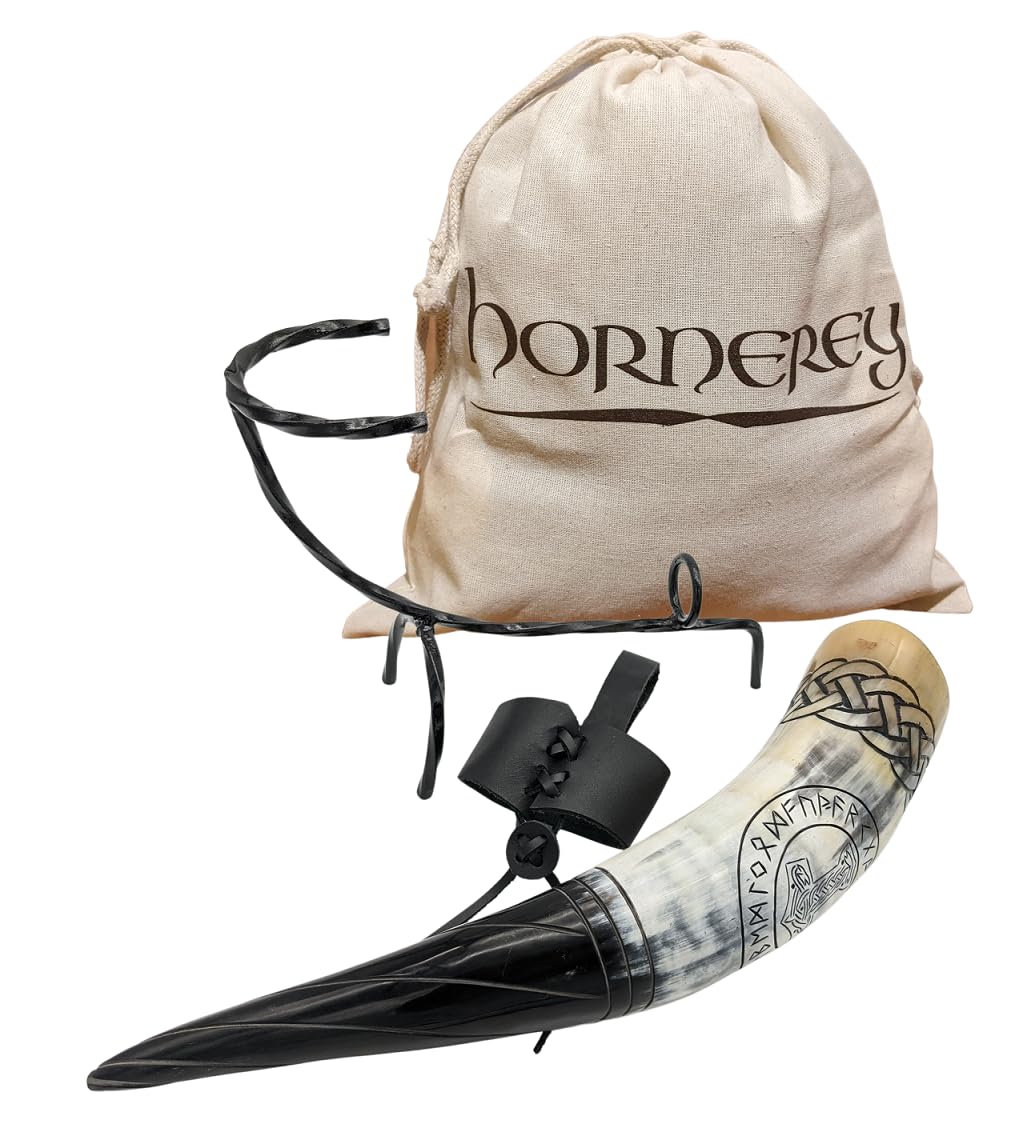 Corne à boire de Thor, 500 ml, Médiévale, Gravures nordiques, Mjölnir et nœuds nordiques, Kit Viking avec support et porte-ceinture en cuir