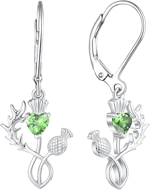 JO WISDOM Scottish Thistle Earrings,925 Sterling Silver Scotland Flower Heart Outlander Drop & Dangle Earrings with 3A CZ Birthstone,Jewelry for Women