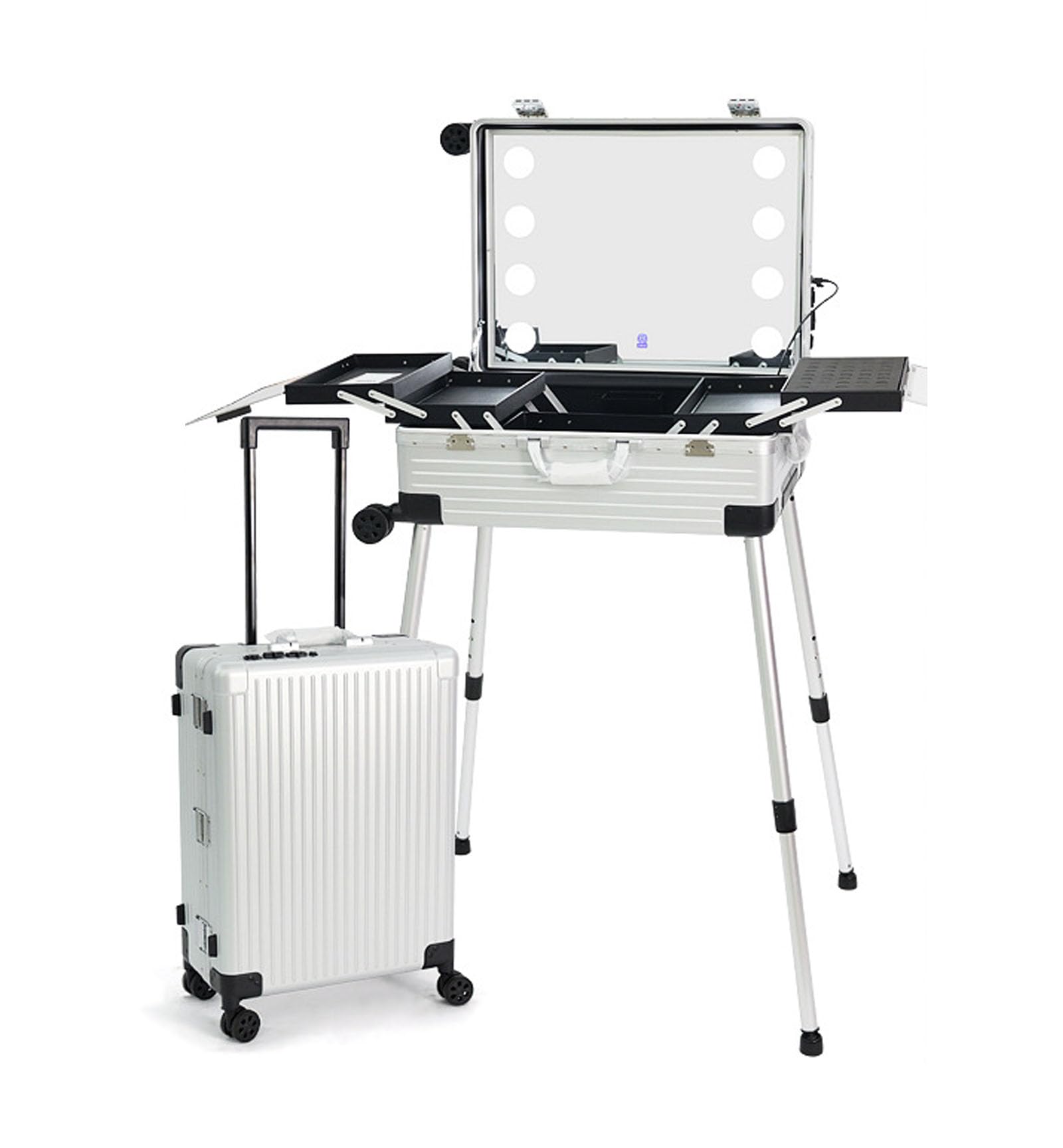 Profesjonalna kosmetyczka z 8 diodami LED, stojak teleskopowy, uniwersalna kosmetyczka na kółkach, wózek podróżny z zamkiem szyfrowym TSA (SILVER 22INCH)