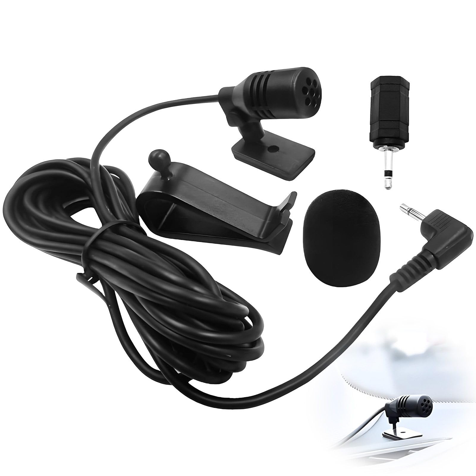 Microfono per Auto con Spugna Antirumore, Jack 3,5mm e 2,5mm, Clip di Montaggio, 3m di Cavo, Compatibile con Sony Pioneer Kenwood Boss JVC Jensen Alpine