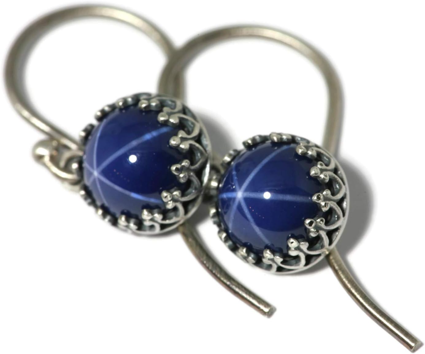 Created Blue Star Sapphire Crown Drop Earrings