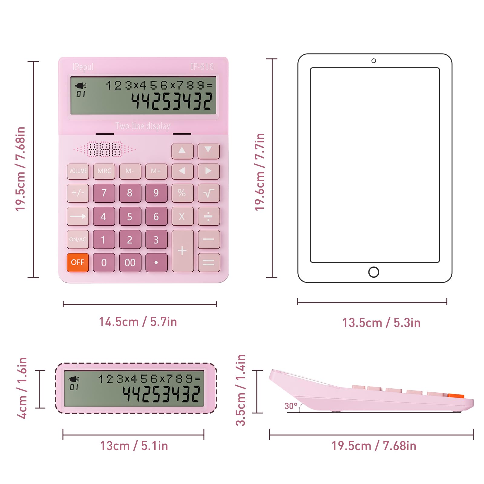 Ipepul - Calcolatrice parlante da tavolo, con display LCD a 2 righe e 12 cifre e pulsante grande, 4 funzioni, per lavoro, ufficio, negozio, scuola (rosa)