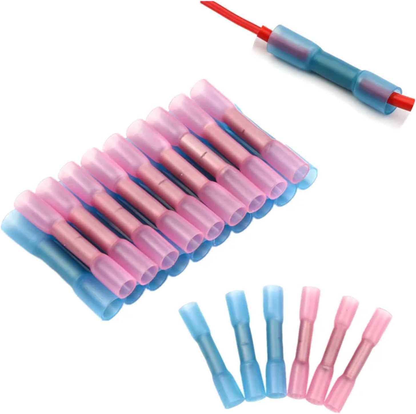 120 PCS Wire Terminal Heat Shrink Butt Crimp Red Waterproof Fully Insulated Car Accessories 0.5-2.5mm2/18-22 AWG