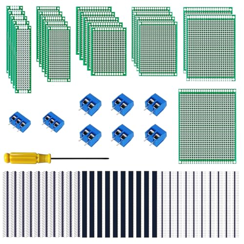 GTIWUNG Circuit Imprimé Double Face Kit, 22 Pièces PCB Prototype Boards Universelles 2 * 8/3 * 7/4 * 6/5 * 7/6 * 8/7 * 9CM, 30 Pièces Fiches Mâle/Femelle, 8 Pièces 2/3 Broches Bornier à Visser 2.54mm