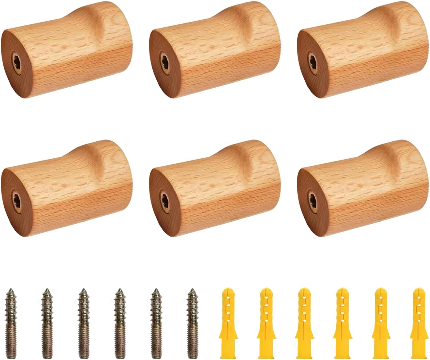 6 Pack Wooden Wall Hooks, Natural Coat Hooks Modern Wall Mounted, Heavy Duty Entryway Hangers for Hanging Towels/Clothes