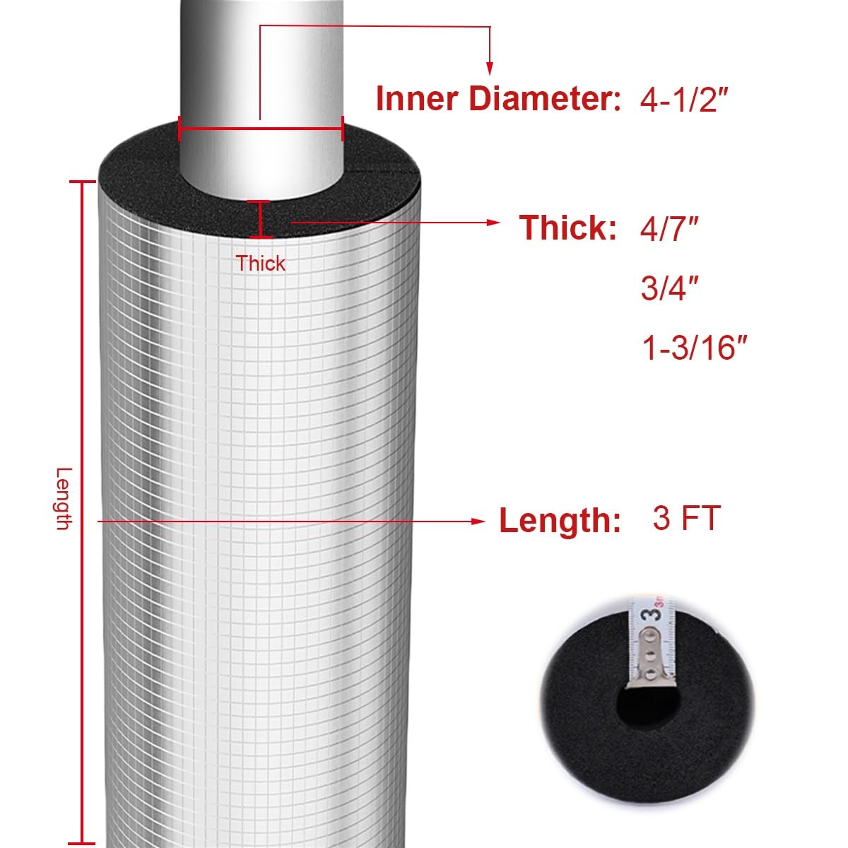 Tubo autoadhesivo de espuma aislante for tuberías, 3 pies, aislamiento HVAC cubierto con papel de aluminio, 1 Uds.(ID 4-1/2"xT 1-3/16")