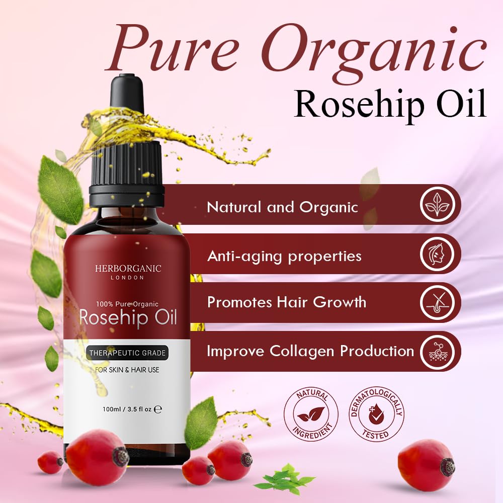 HERBORGANIC Rosehip Oil, Cold Pressed, Natural & Unrefined Bio Oil Scar Treatment - Image 3