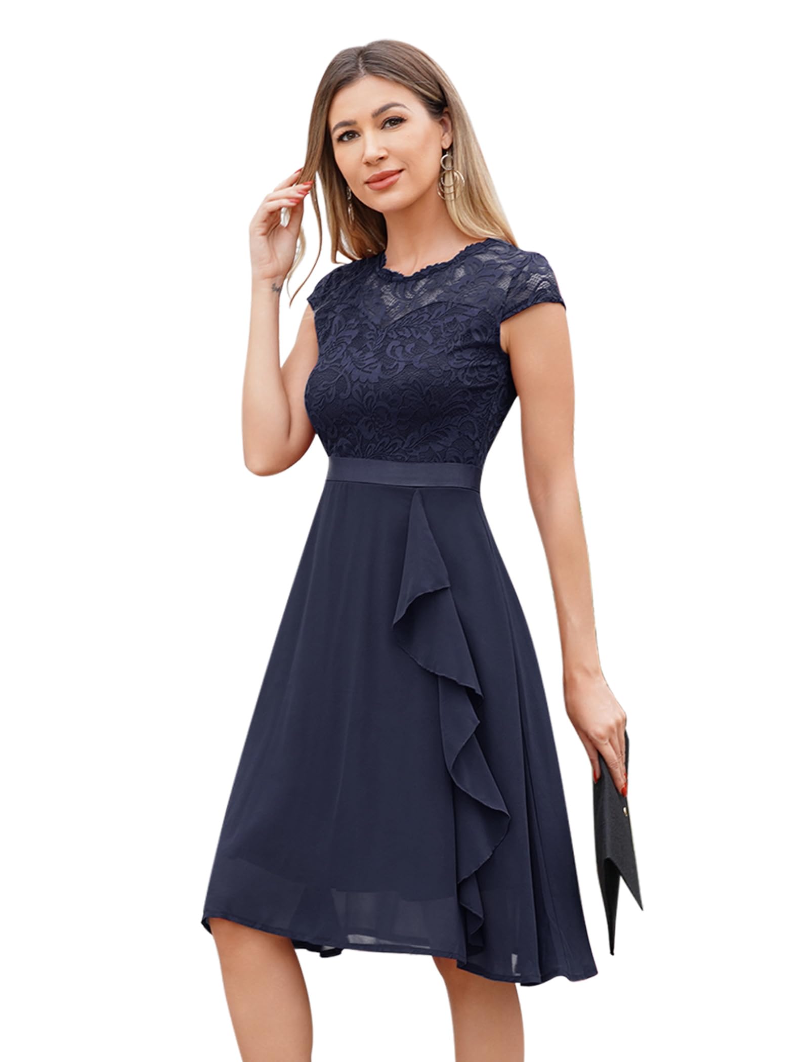 Odizli Robe de cocktail élégante à manches courtes en mousseline de soie pour femme - Robe de soirée courte pour mariage