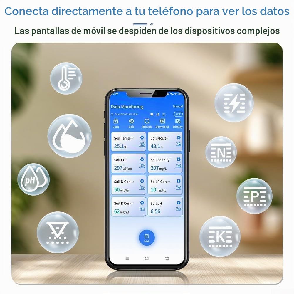 Sensor de suelo USB 8 en 1, pequeño medidor digital de nutrientes NPK de temperatura de humedad del suelo con sonda impermeable para Android para agricultura