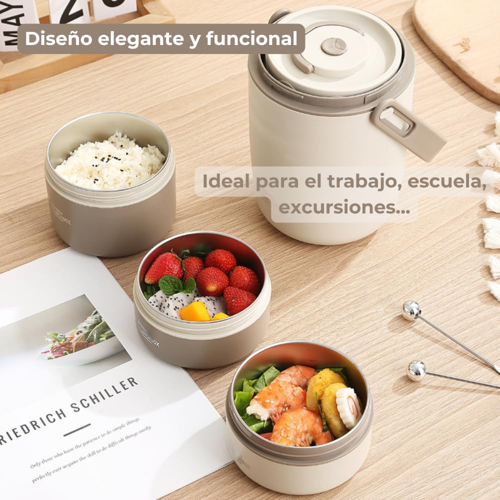 Genérico Termo para Alimentos con Compartimentos, Diseño Agradable y Funcional - Blanco y Beige - 1,2 Litros y 1,5 Litros (2 o 3 recipientes) - Plato incluido y Asa de transporte. (Blanco, 1,5 L)