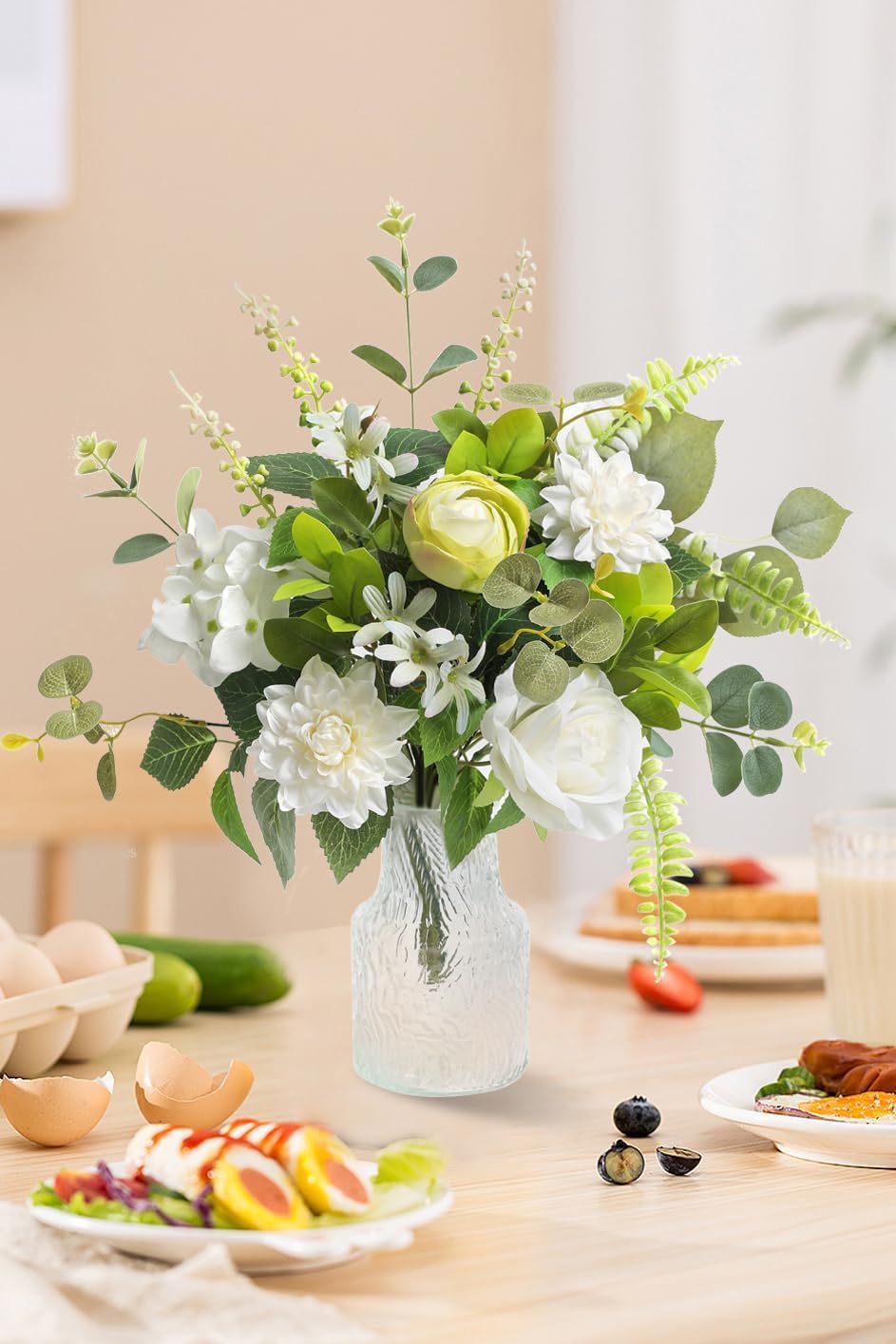 Serra Flora Fake Flowers with Vase,Artificial Silk Roses in Vase,Table Centerpieces for Dining Room, Silk Faux Flower Arrangements for Home, Living Room Bathroom Plant Decor,Table Decorations - Image 5