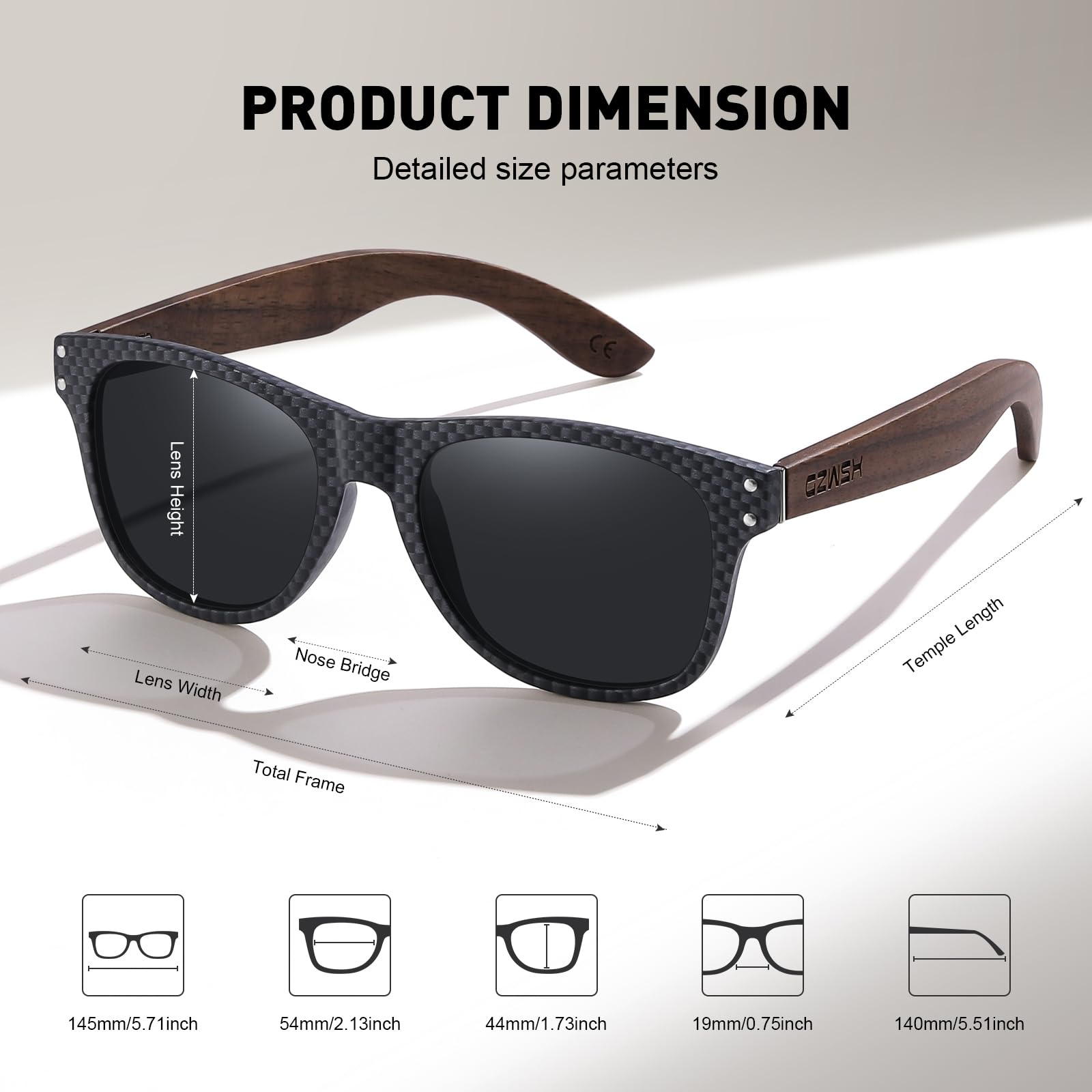 Schwarze Walnussholz, polarisierte Holz-Sonnenbrille für Damen und Herren, UV400-Schutz, Rahmen mit Kohlefaser-Muster