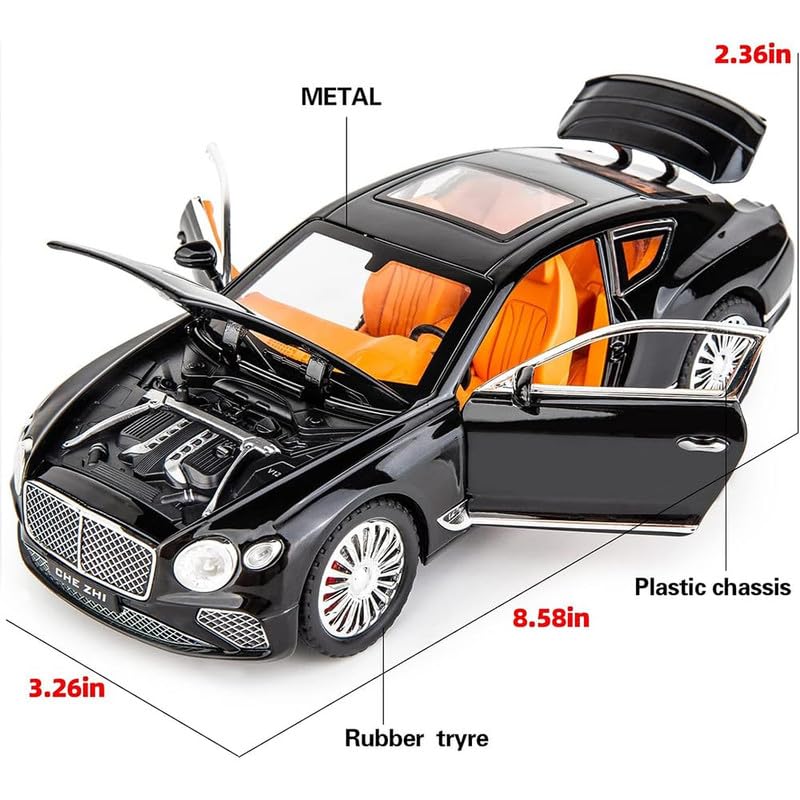 Image of Kids Model 1:24 Bentle Continental Die Cast Metal Car Pull Back Action Opening Doors with Realistic Engine Sound Lights Toy Car Gift for Boys - Black