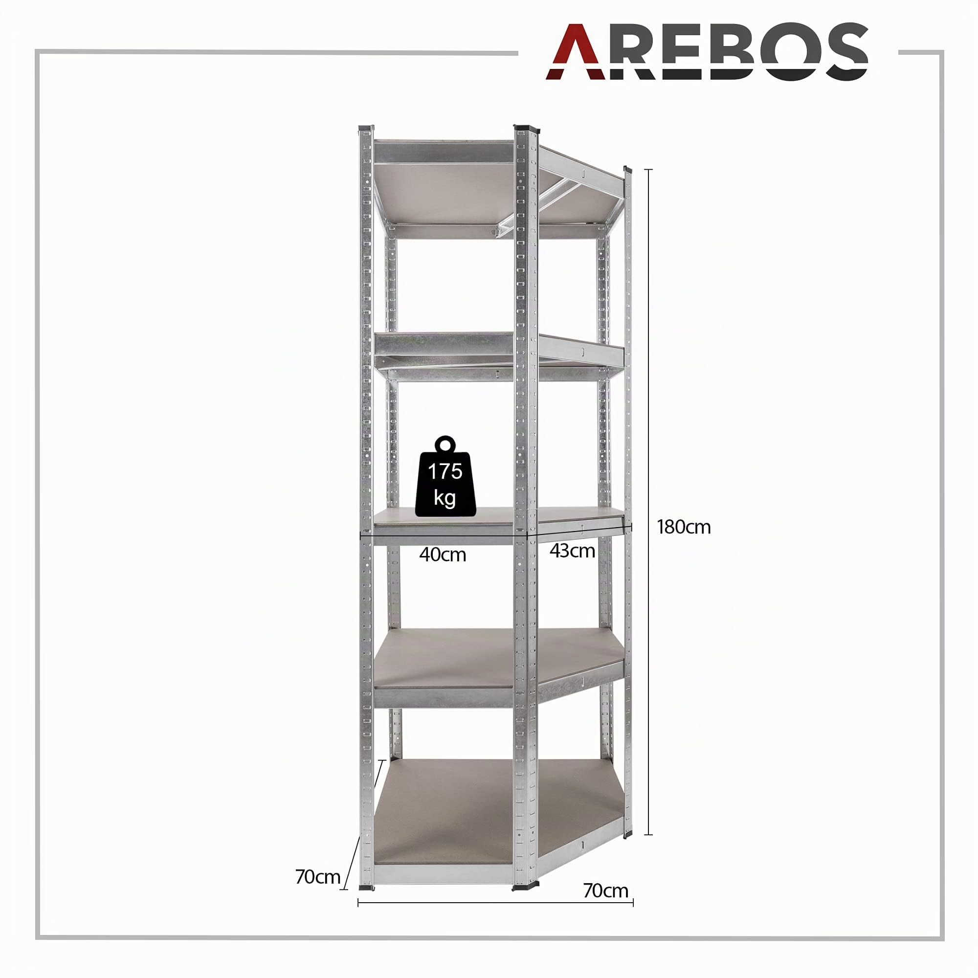 Arebos Eckregal Schwerlastregal Steckregal 875kg | Einfache Montage durch Stecksystem | 180 x 70 x 70 cm | 5 Böden aus MDF | bis zu 175 kg pro Regalboden | Verzinkt