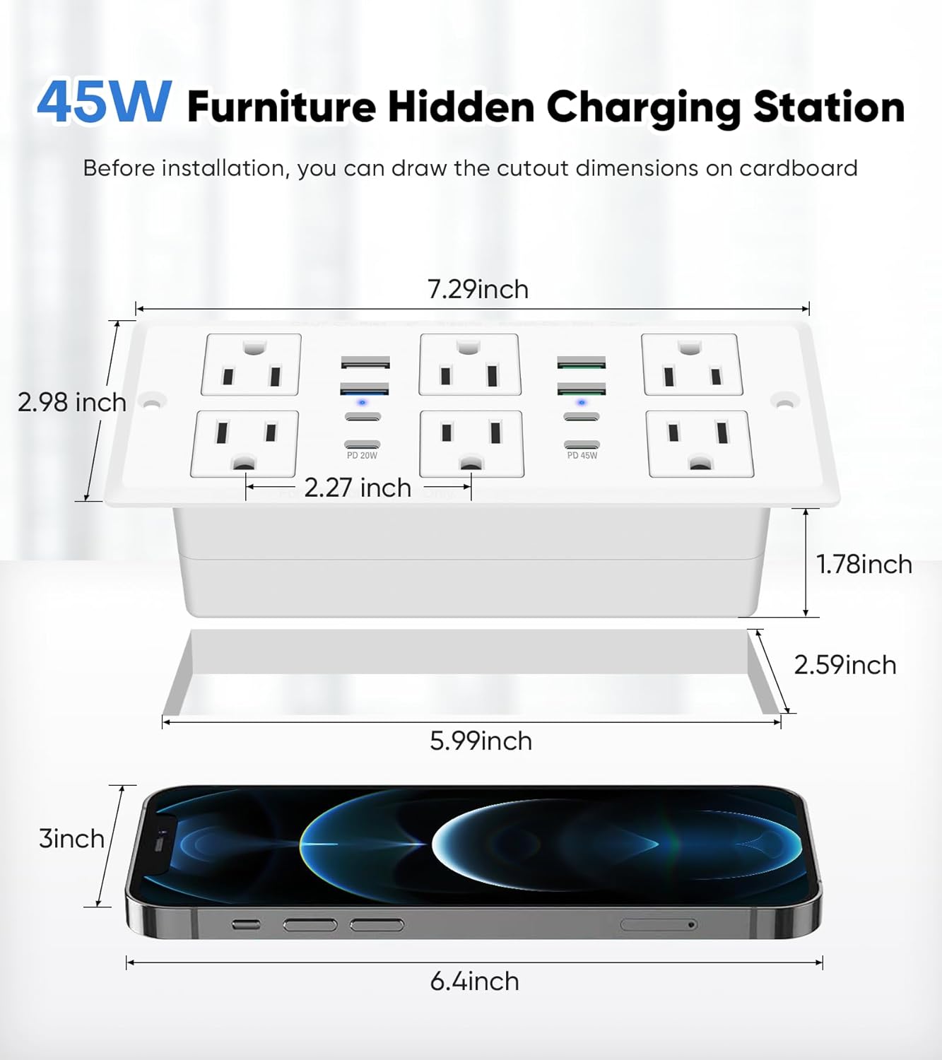 VILONG 14 in 1 Recessed Power Strip with PD 45W USB-C, Flush Mounted Drawer Outlet, 6 Outlets & 8 USB Ports, 45° Flat Plug, 6FT Extension Cord, Conference Desktop Built in Power Strip(White)