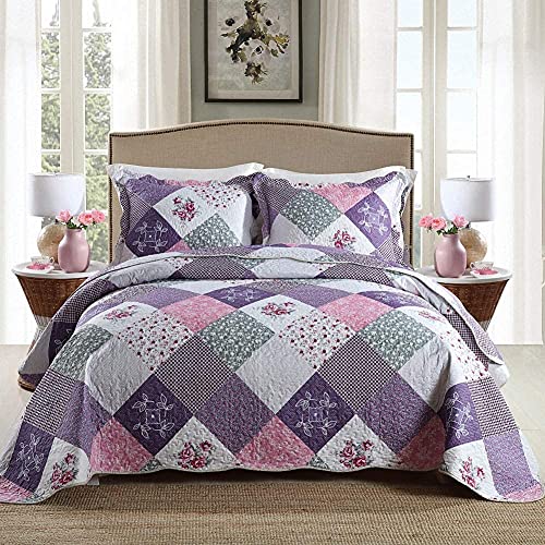 NEWLAKE Colcha Acolchada Doble Tamaño Doble Juego de 3 Piezas Colcha Ligera Reversible con 2 Fundas de Almohada (Patrón de Patchwork Floral Morado, Tamaño Queen / 230 * 250cm)