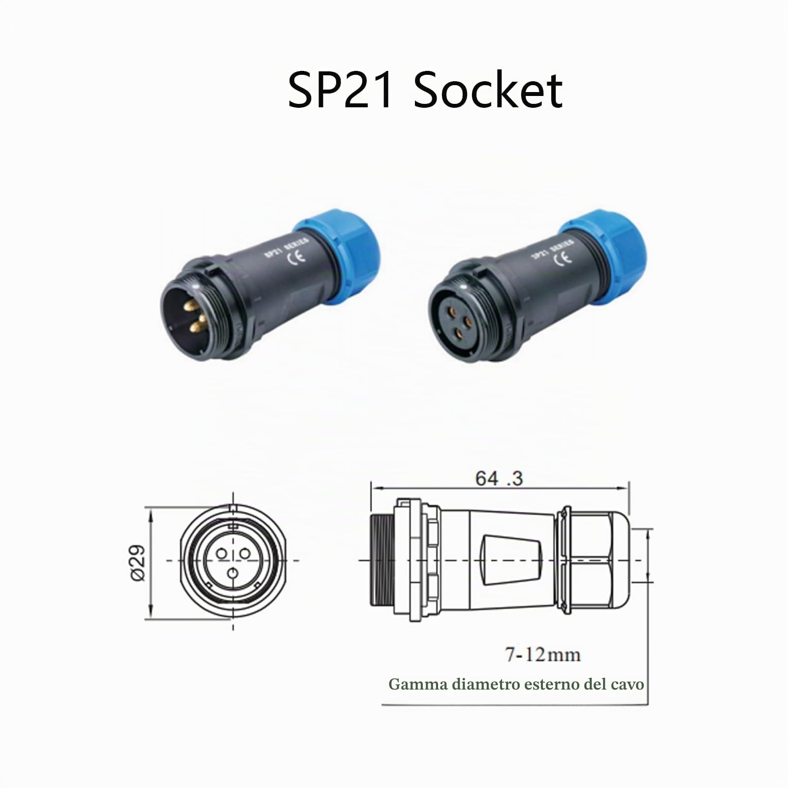 5 Pezzi SP21 2 poli Aeronautica Connettore, IP68 Impermeabile 2Pin Nessuna Saldatura Richiesta Connettore Elettrico Maschio Spina e Femmina Presa Adattatore 500V 30A 12AWG Cavo (Cablaggio a Vite)