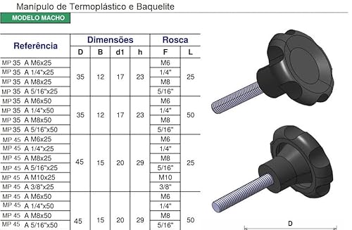 Kit 10 peças - Manípulos termoplásticos MP45mm (M8 Fêmea)