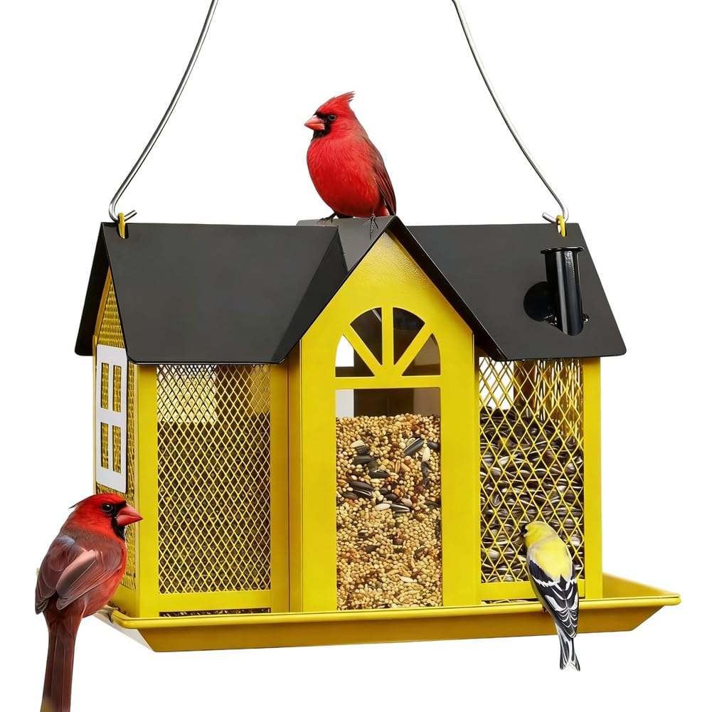 ZYNCUE Comedero solar de metal para pájaros, para jardín, a prueba de ardillas, estación de alimentación colgante para pájaros con luz LED impermeable, decoración de patio al aire libre, amantes de la
