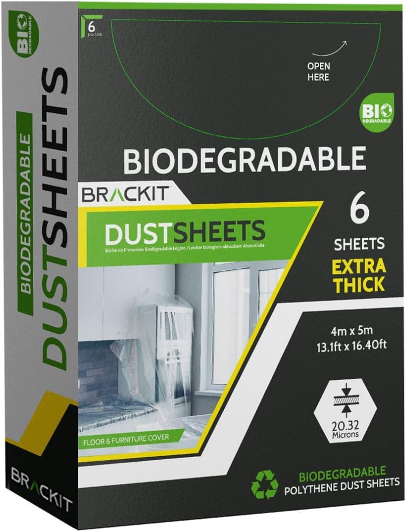6-Pack Biodegradable Large Plastic Dust Sheets for Decorating - 2.7m x 3.6m (12ftx 9ft) - 20 Micron - Embossed White Sheets for Painting - Waterproof Plastic Sheets for Painting & Covering