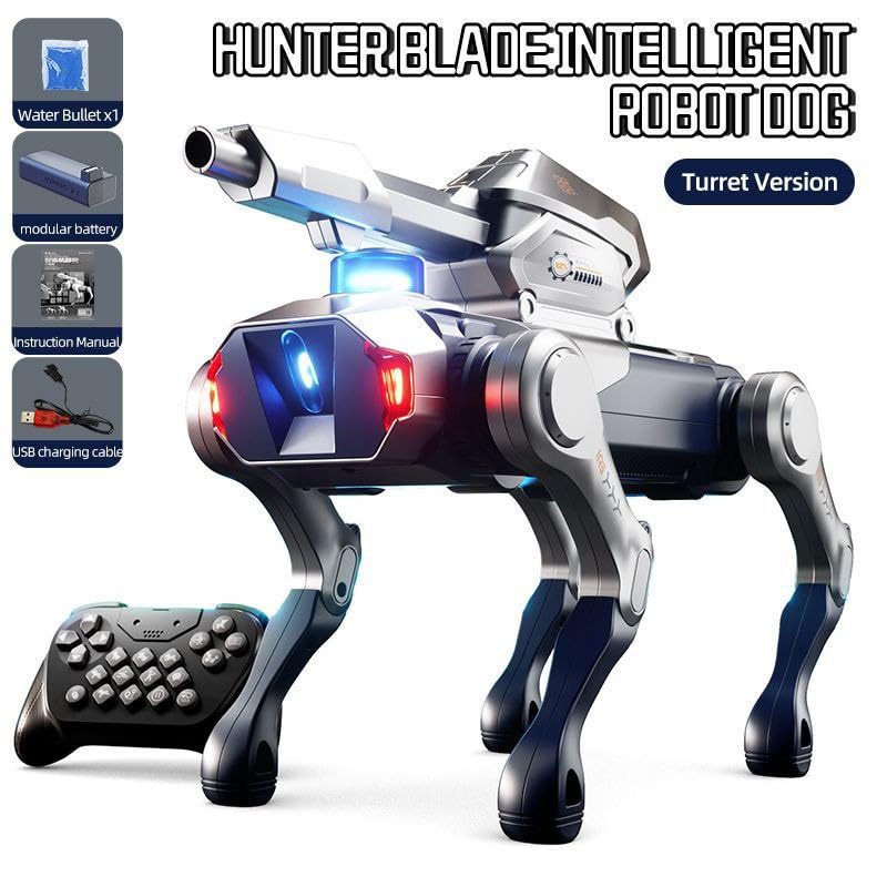 Image of Hunter Blade Intelligent Robot Dog (Turret Version) | Remote Control Smart Robotic Puppy with LED Lights, Motion Actions & USB Charging | Kids Toy (Silver Tank)
