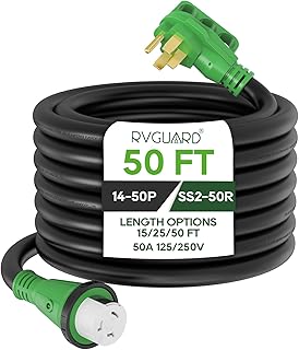 RVGUARD 50 Amp 50 Foot RV Power Cord, 14-50P to SS2-50R Generator Extension Cord, Heavy Duty STW Cord with LED Power Indicator and Cord Organizer, Green, ETL Listed