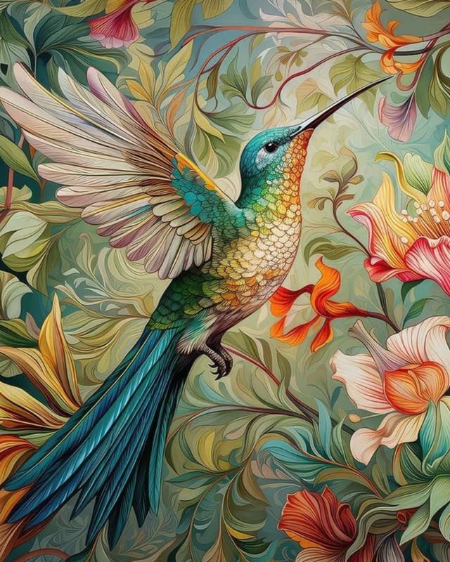 TULIP N TURTLE Hummingbird In Bloom Diy Acrylic Paint By Number Kit For Beginner Number Painting Kit Diy Canvas Painting By Number Wall Decoration Diy Painting Kit ,Multi-Coloured