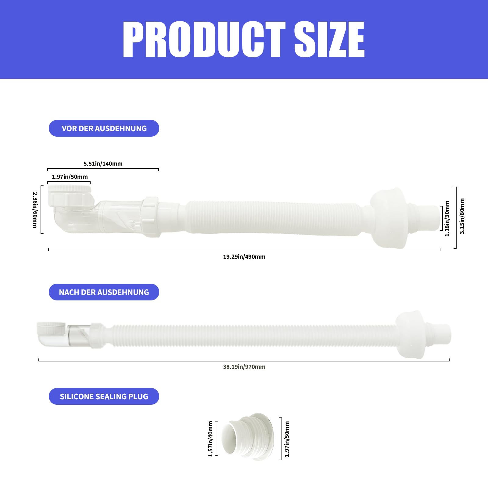 Siphon de 1 1/4", Set de 2, Économiseur d'espace, Siphon Lavabo Extra Plat Réglable, Tuyau de Vidange Flexible, Anti-Odeurs, Siphon Evier Cuisine et Salle de Bain, Blanc