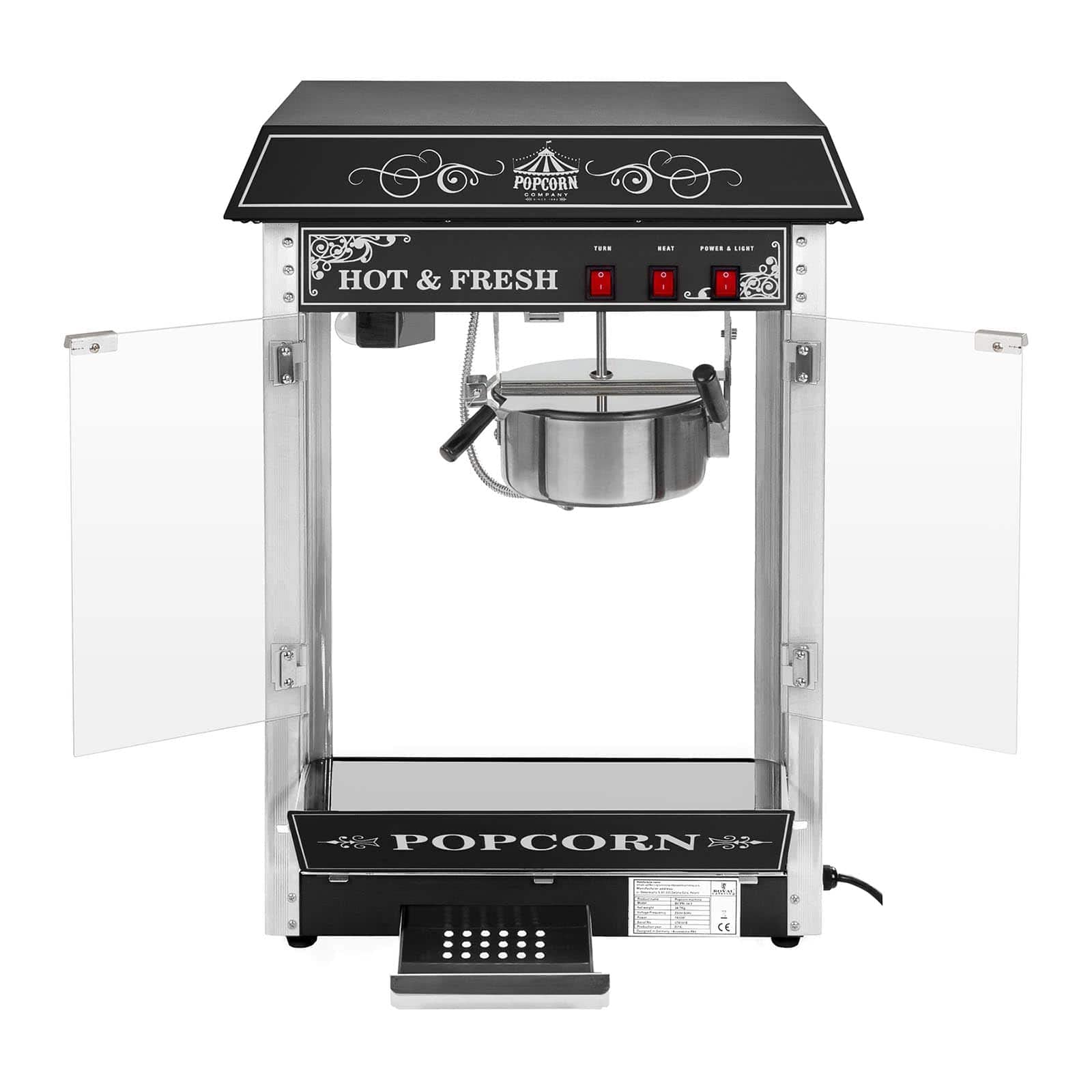 Royal Catering Maszyna do popcornu w stylu retro, czarna, 1600 W, 5 kg/h, podświetlane wnętrze, funkcja ogrzewania, wyjmowany garnek z powłoką teflonową, szuflada na okruchy, maszyna do popcornu