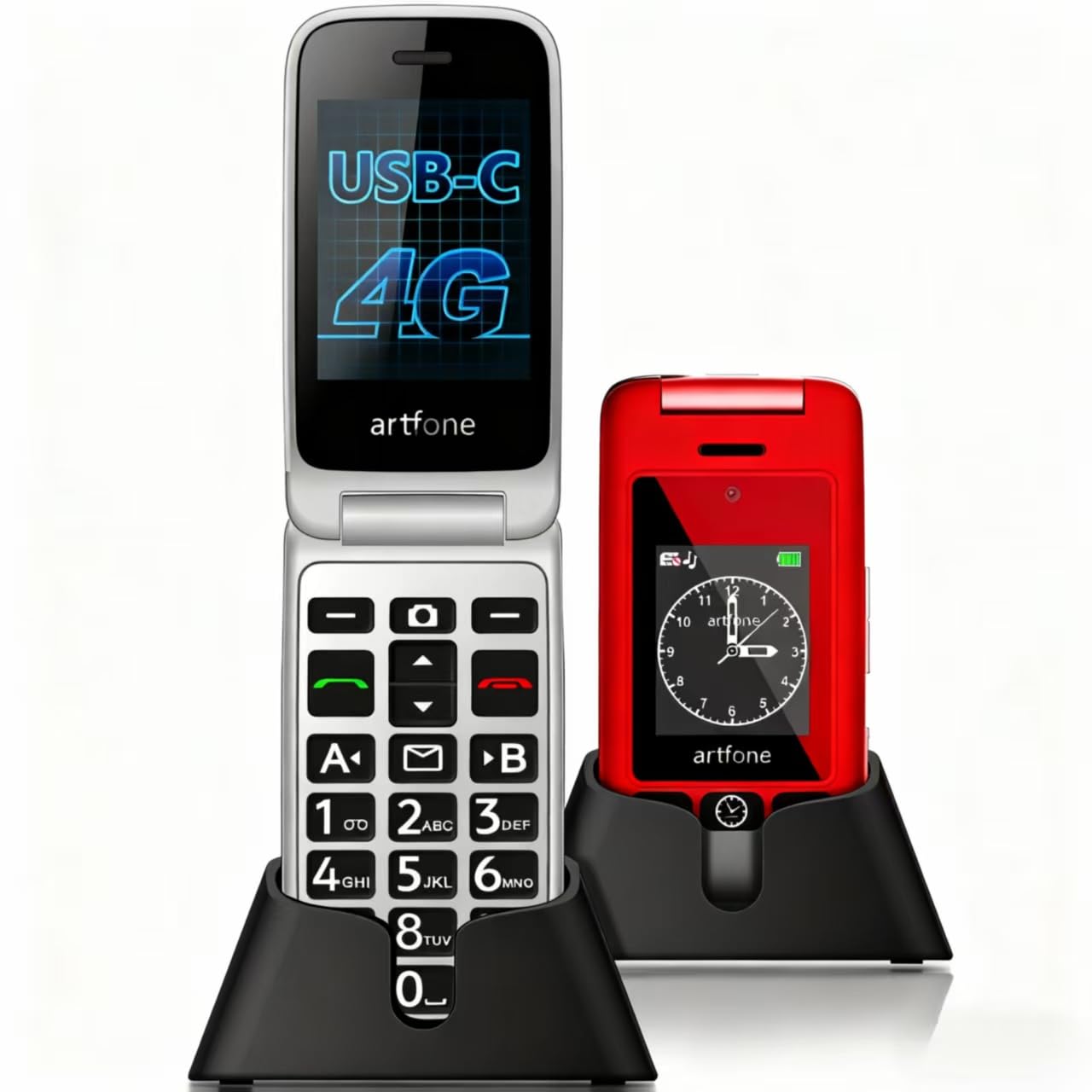 artfone G6 4G - Teléfono móvil para Personas Mayores, sin Contrato, botón de Llamada de Emergencia SOS, estación de Carga, teléfono móvil para Personas Mayores, Radio, Pantalla Doble de 2,4 Pulgadas