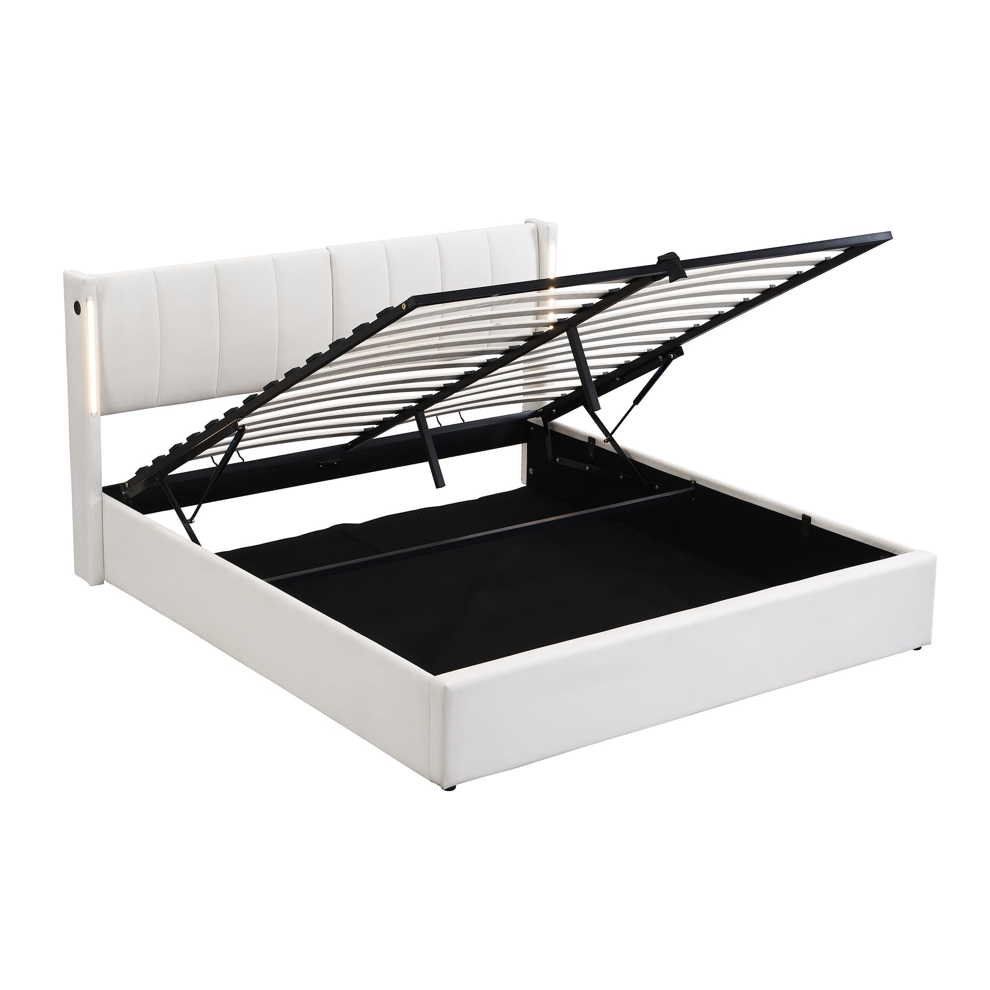 Azkoeesy Letto matrimoniale imbottito 180 x 200 cm con contenitore, con luce notturna a LED e USB, con testiera Ruotabile, con rete a doghe, PU, ​​Bianco