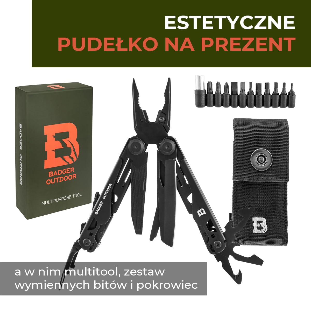 Badger Outdoor Solid Black Multitool 16w1 - Nóż Wielofunkcyjny - Scyzoryk Survivalowy - Narzędzie Turystyczne z Bitami - Prezent dla Mężczyzny - Sprzęt do Wędrówek, Campingu i Survivalu