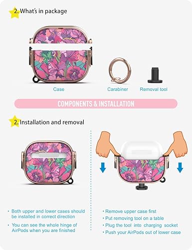 Miniatura 5 de Funda para AirPod 3 con cerradura, tercera funda para AirPods para mujeres y hombres, funda rígida de flores con llavero (rosa)