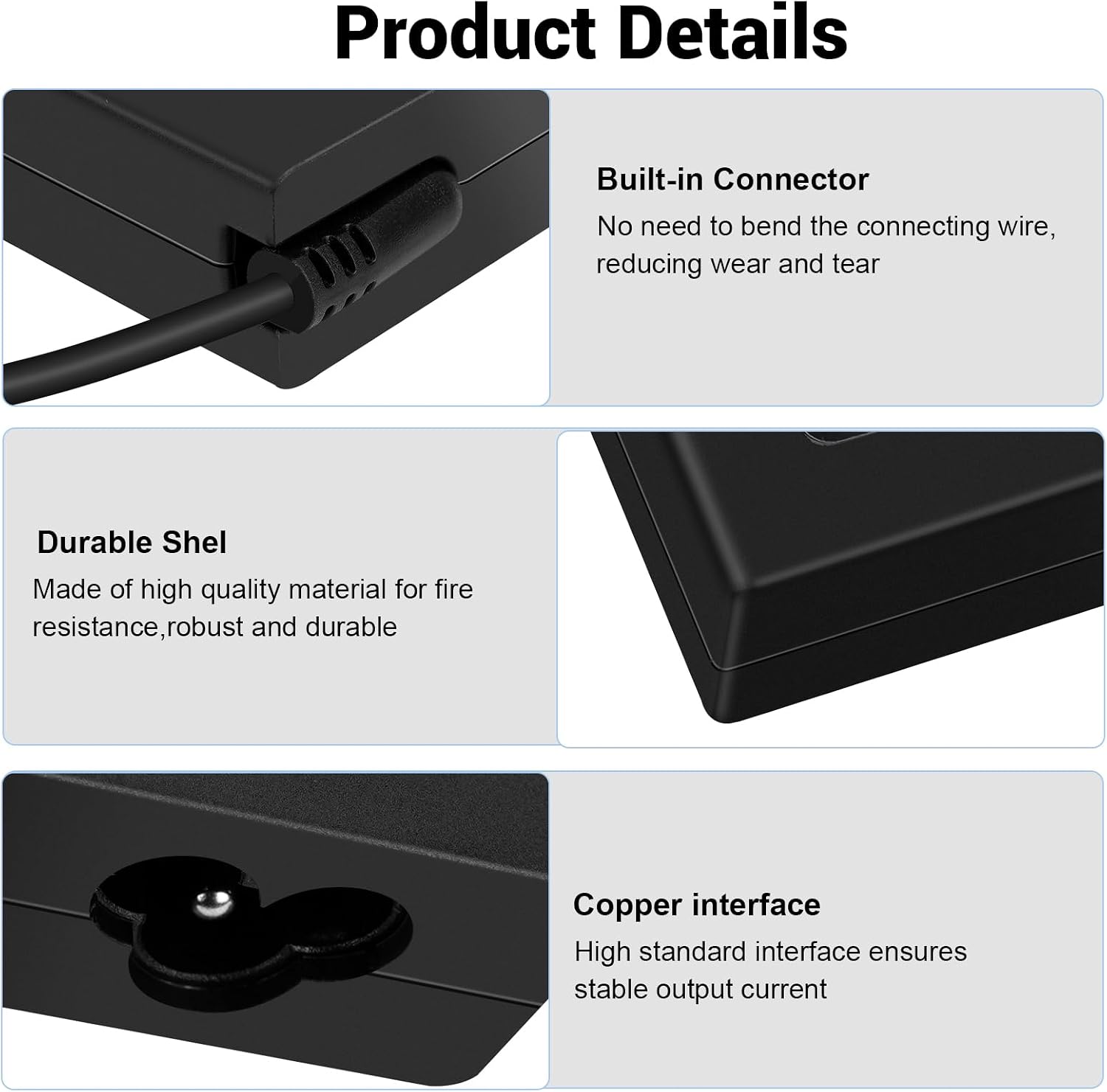 Close-up images of the Hyleton AC Adapter showing a built-in connector, durable shell, and copper interface.