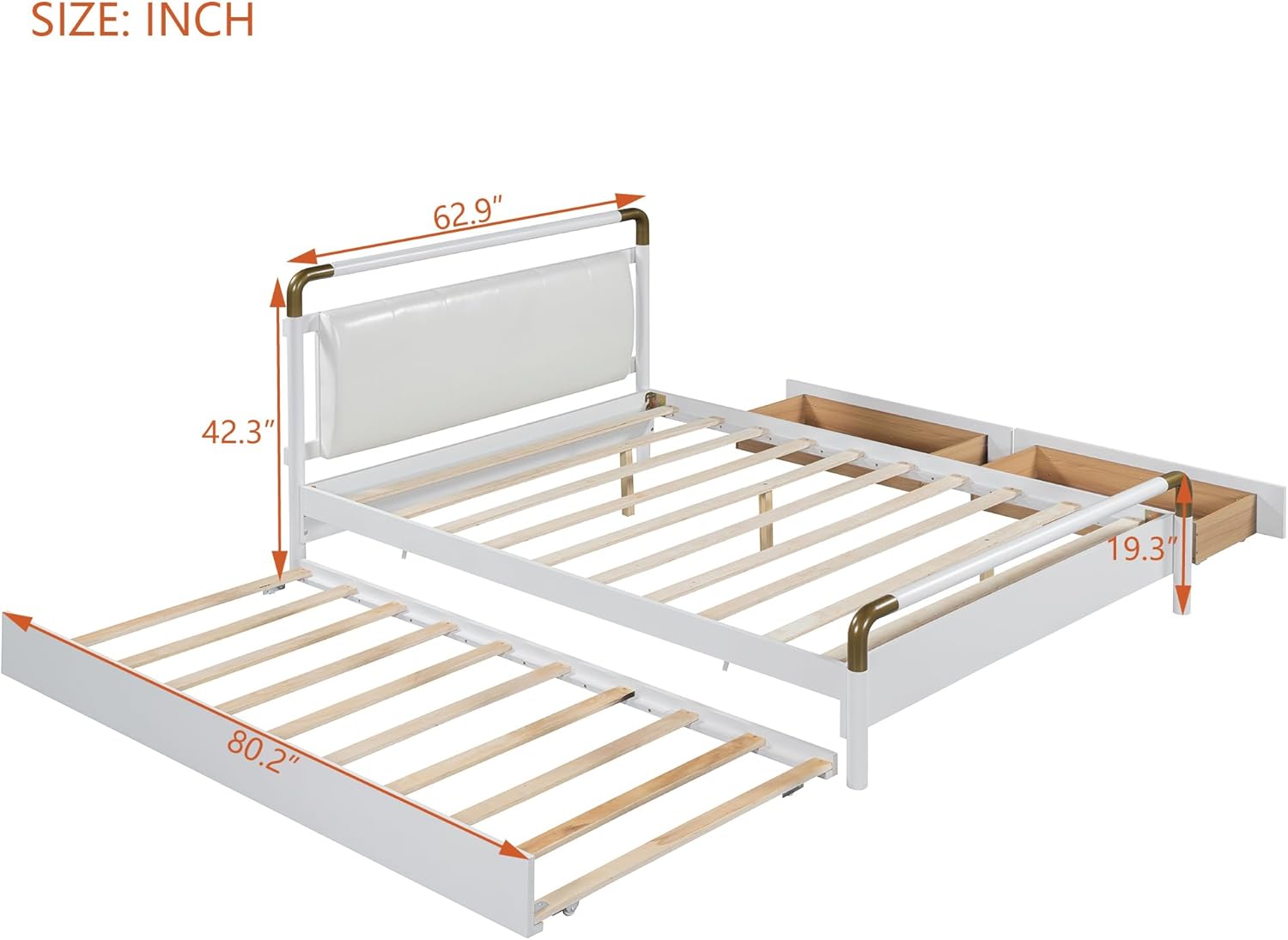 Queen Size Bed Frame with Trundle, Wooden Storage Platform Bed with 2 Big Drawers and T-XL Size Trundle, Platform Bed Frame with Trundle for Bedroom, White