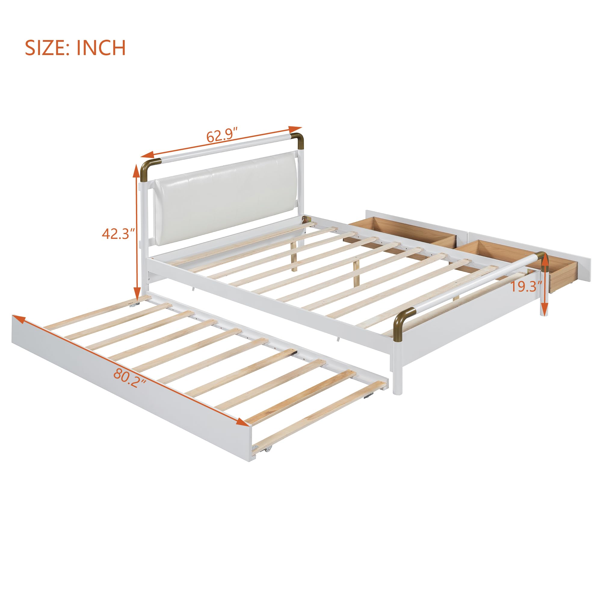 Wood Queen Size Bed Frame with 2 Big Drawers, T-XL Size Trundle, Spave-Saving Queen Bed for Kids, Teens, Adults (White)