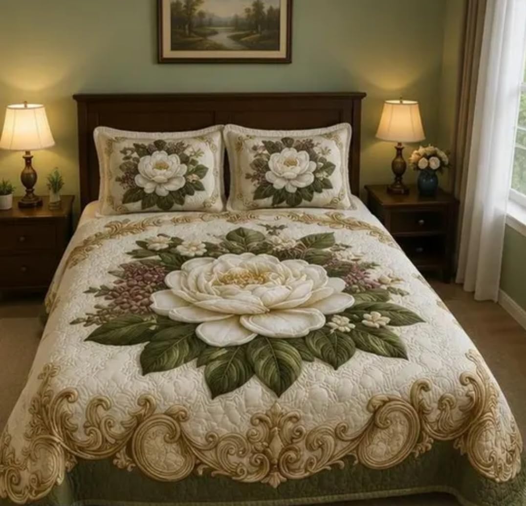 YARVIT Global Floral Quilt Bedspread Set with Pillow Shams – Elegant White Peony Flower Printed Coverlet, Soft Lightweight All-Season Bedding Set for Bedroom Decor (3 Piece Set)-image-7