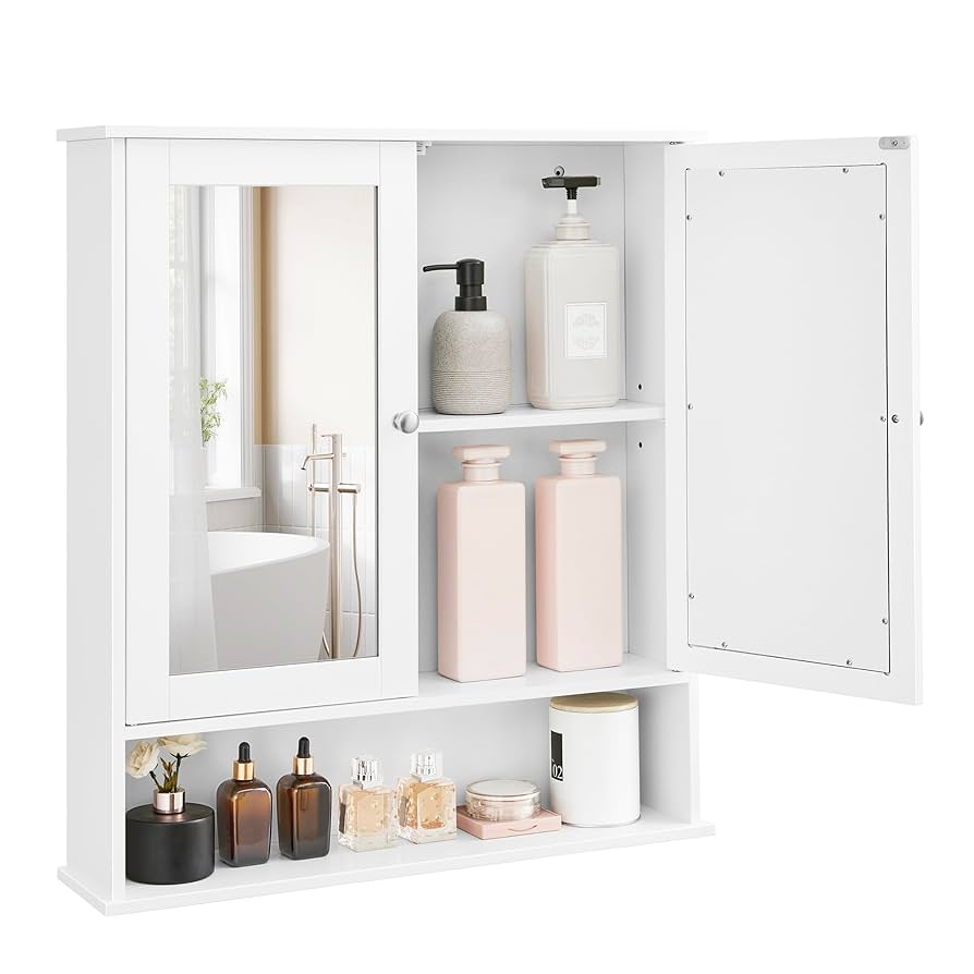 VASAGLE Mirror Cabinet Bathroom Cabinet Storage Cabinet With 3 Doors Bathroom 15 X 90 X 60 Cm With Adjustable Shelves Modern White BBK032W01