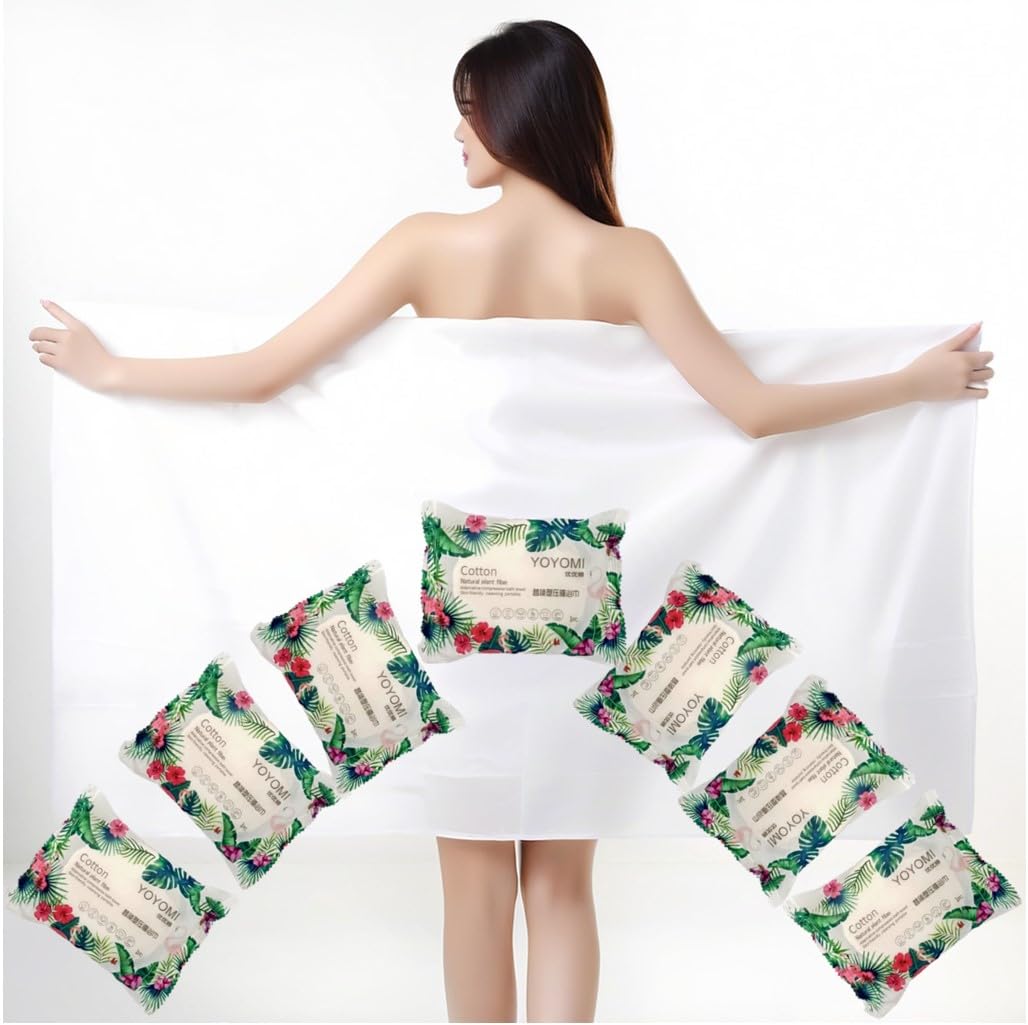 Premium Pure Cotton Extra Thick Compressed Disposable Towels for Travel, 55.1 x 27.5 inch, Portable, Lightweight, for Camping, Hiking, and Traveling, 7 Packs.