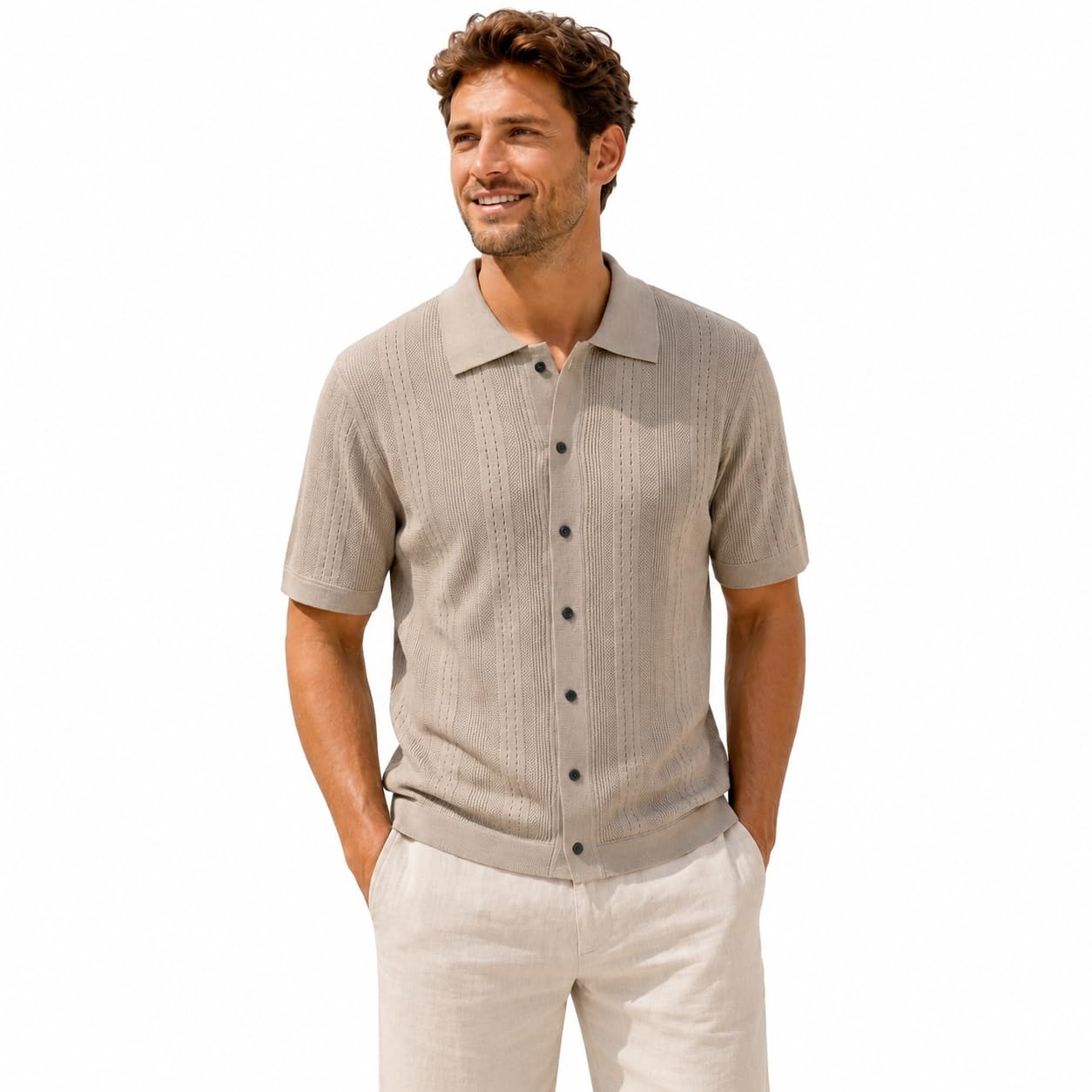 Men Premium Quiet Luxury Knit Polo Shirt - Textured Button Down Short Sleeve Casual Knitted T-Shirt-picture-36