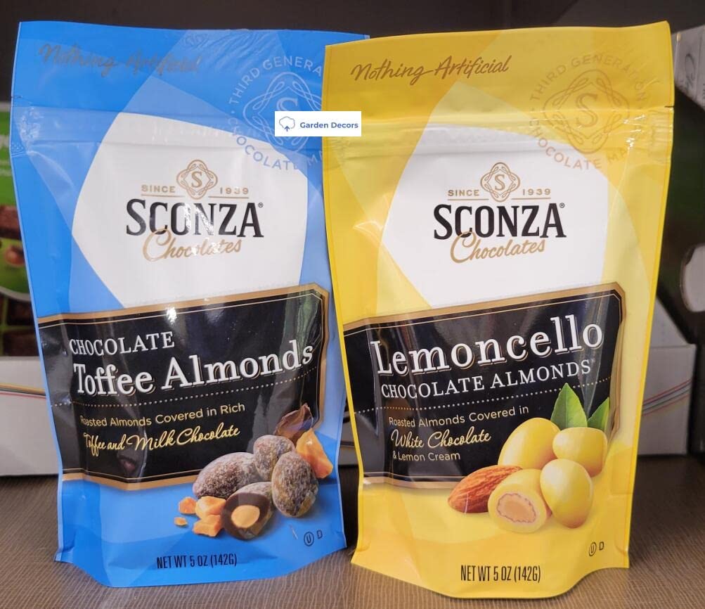 Sconza Chocolate Toffee Almonds & Lemon Chocolate Almonds 5oz 142g (Two Bags)